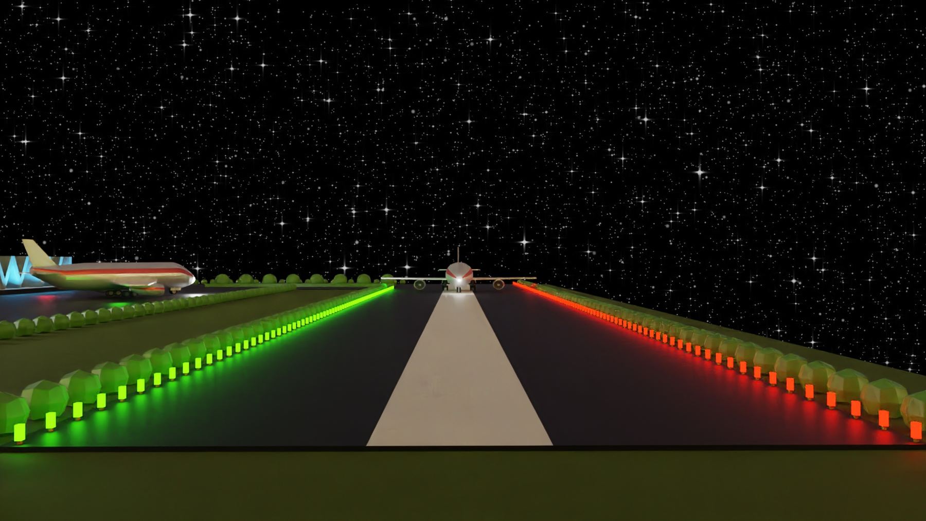 A night airport: a lit runway with green and red edge lights and an aircraft at the far end.