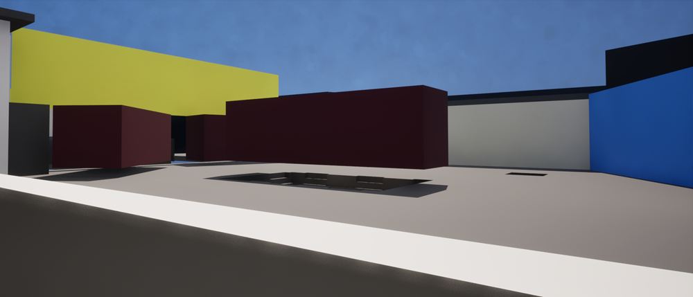 In-engine grey-box view of the FPS map: colored blocks used as cover around a sunken pit.