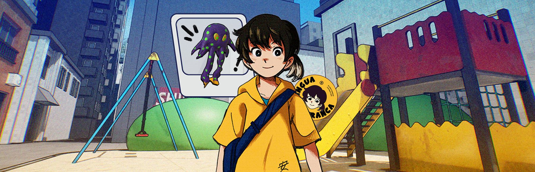 Lingua Franca key art: Asa, in a yellow hoodie, stands in a sunny Osaka playground.