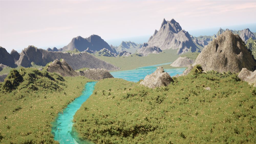 A turquoise river winding through grassy hills toward a lake, with rocky mountains behind.