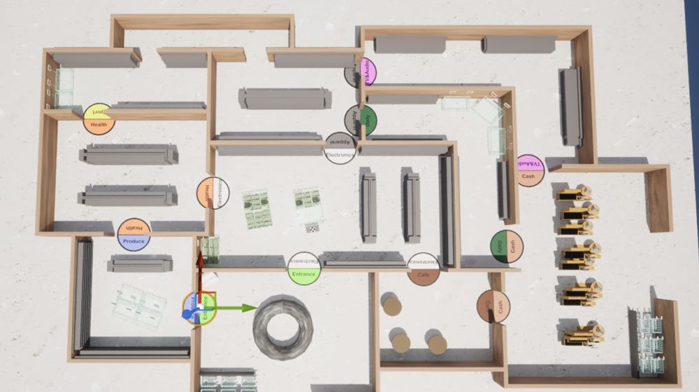 Top-down view of the Shopping Shotguns supermarket level with its department zones marked.