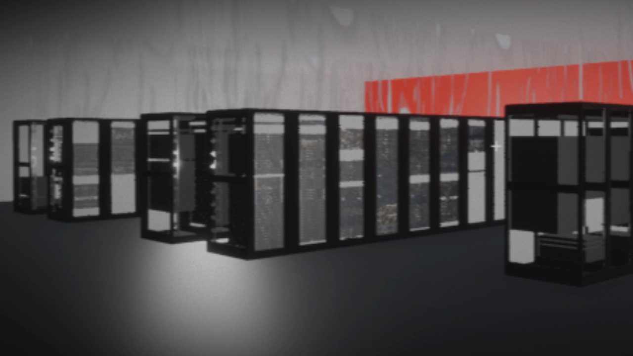 Low-poly render of rows of black server racks in a dim data center with a red-lit wall.
