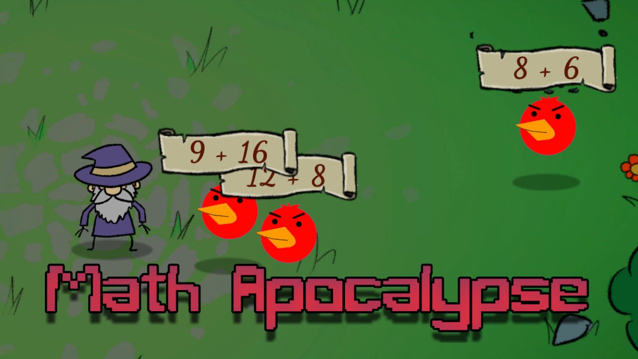 Math Apocalypse title art: a cartoon wizard faces angry red birds carrying math problems on scrolls.