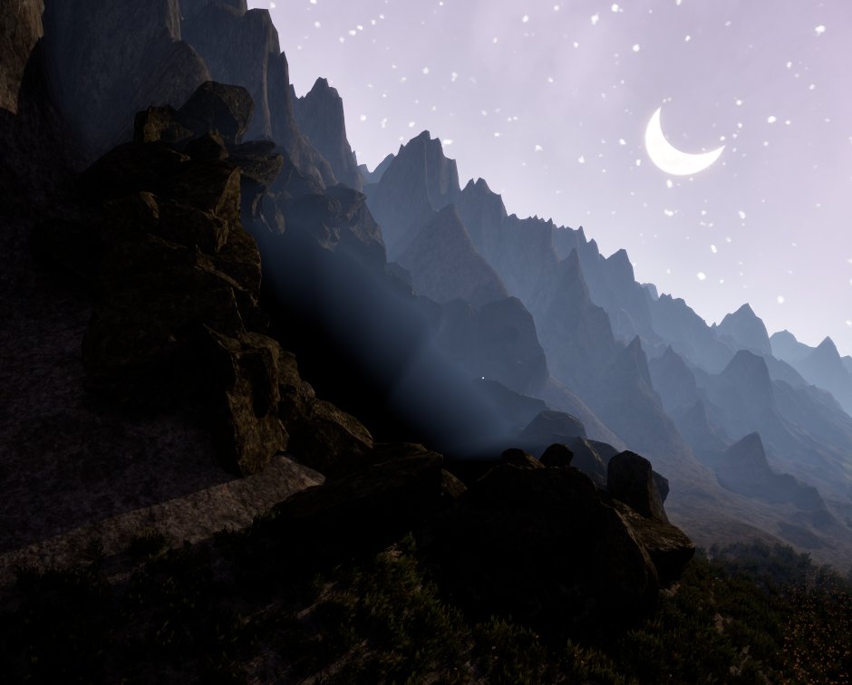 A crescent moon over jagged mountains, with haze drifting toward a cave in the rocks.